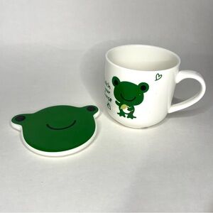 Vintage Daiso Frog Cup Coaster Lid Cute Kawaii Kidcore Drinkware Green Hearts